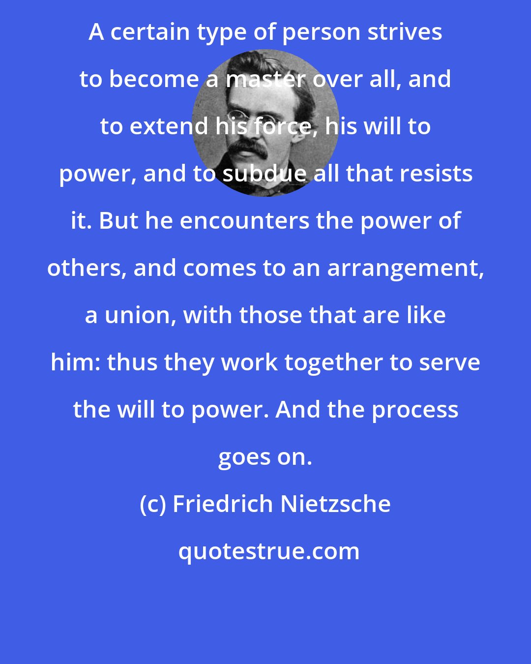 Friedrich Nietzsche: A certain type of person strives to become a master over all, and to extend his force, his will to power, and to subdue all that resists it. But he encounters the power of others, and comes to an arrangement, a union, with those that are like him: thus they work together to serve the will to power. And the process goes on.