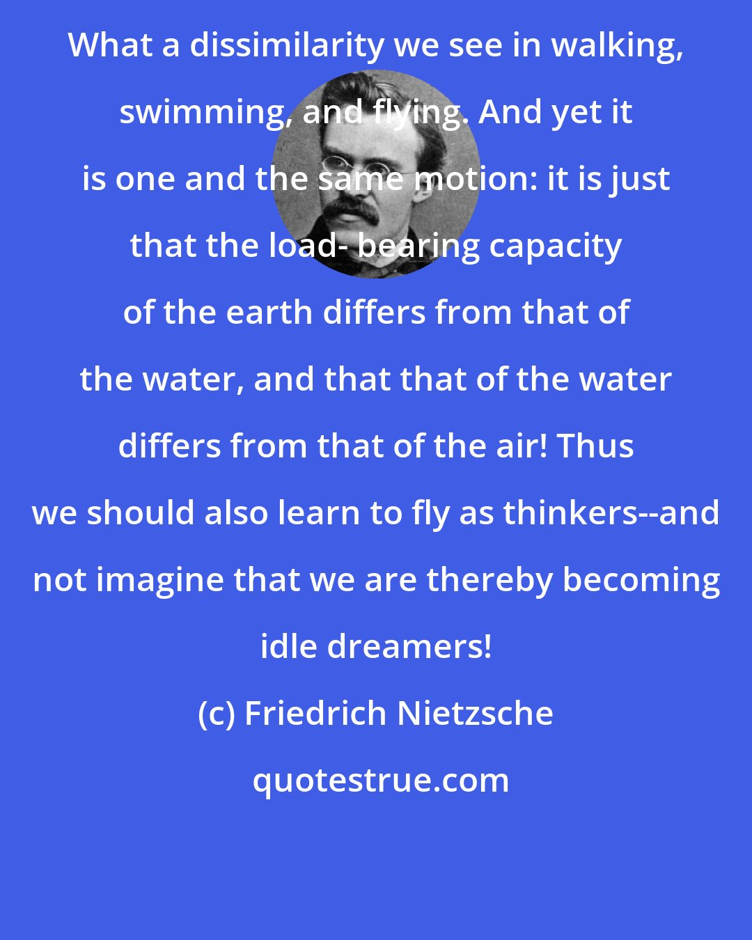 Friedrich Nietzsche: What a dissimilarity we see in walking, swimming, and flying. And yet it is one and the same motion: it is just that the load- bearing capacity of the earth differs from that of the water, and that that of the water differs from that of the air! Thus we should also learn to fly as thinkers--and not imagine that we are thereby becoming idle dreamers!
