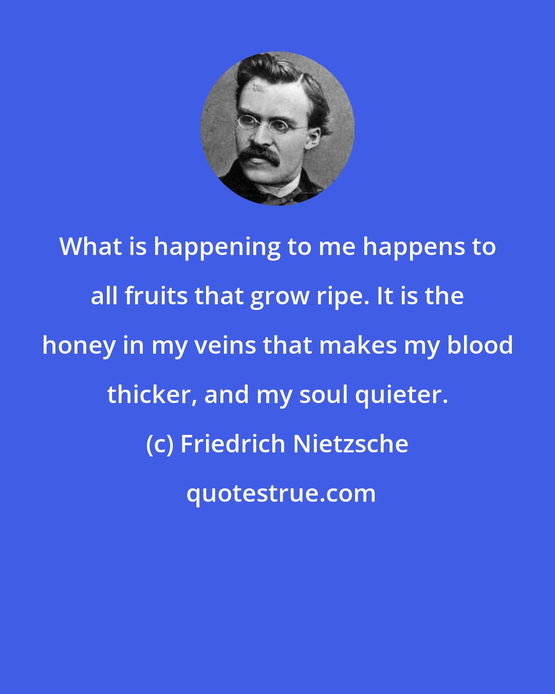 Friedrich Nietzsche: What is happening to me happens to all fruits that grow ripe. It is the honey in my veins that makes my blood thicker, and my soul quieter.