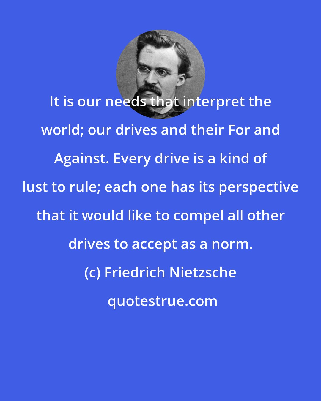 Friedrich Nietzsche: It is our needs that interpret the world; our drives and their For and Against. Every drive is a kind of lust to rule; each one has its perspective that it would like to compel all other drives to accept as a norm.