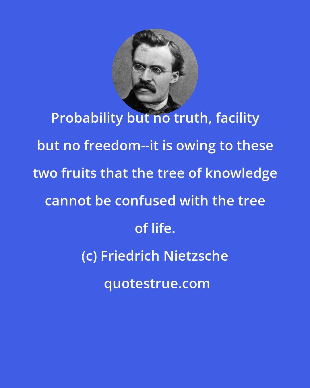Friedrich Nietzsche: Probability but no truth, facility but no freedom--it is owing to these two fruits that the tree of knowledge cannot be confused with the tree of life.