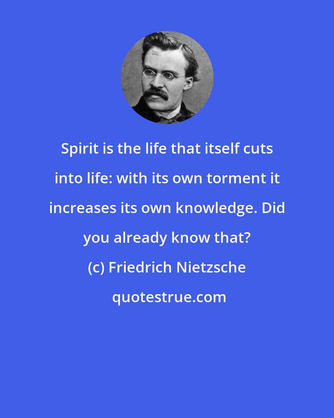 Friedrich Nietzsche: Spirit is the life that itself cuts into life: with its own torment it increases its own knowledge. Did you already know that?