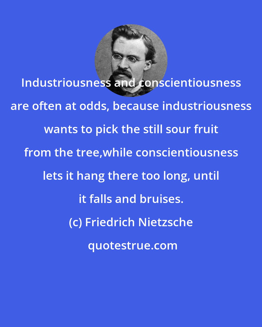 Friedrich Nietzsche: Industriousness and conscientiousness are often at odds, because industriousness wants to pick the still sour fruit from the tree,while conscientiousness lets it hang there too long, until it falls and bruises.