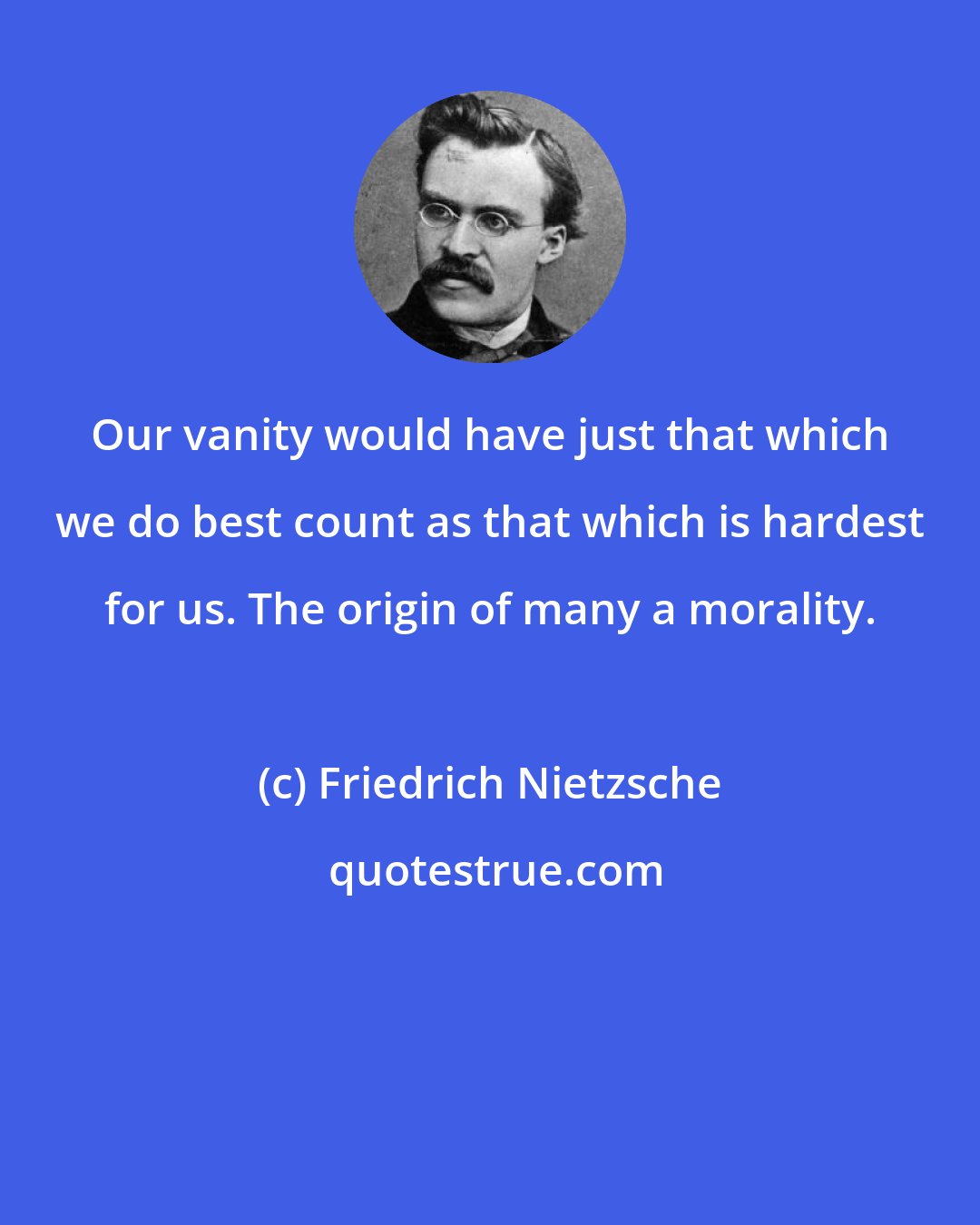 Friedrich Nietzsche: Our vanity would have just that which we do best count as that which is hardest for us. The origin of many a morality.