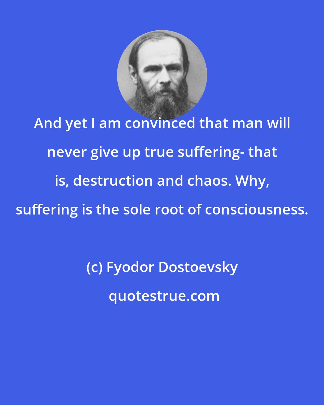 Fyodor Dostoevsky: And yet I am convinced that man will never give up true suffering- that is, destruction and chaos. Why, suffering is the sole root of consciousness.