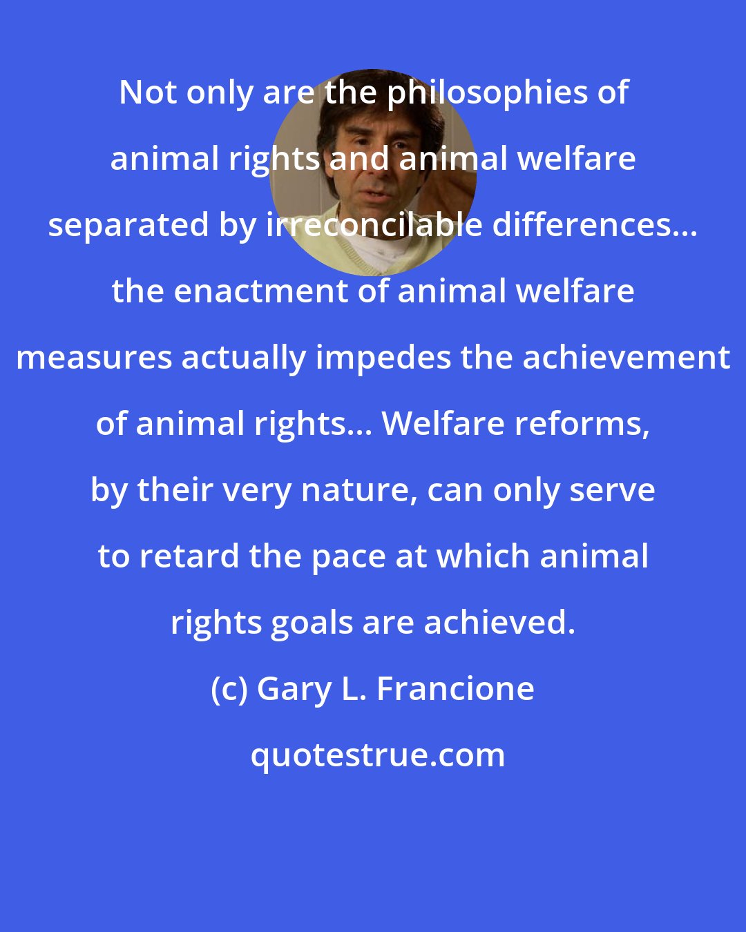 Gary L. Francione: Not only are the philosophies of animal rights and animal welfare separated by irreconcilable differences... the enactment of animal welfare measures actually impedes the achievement of animal rights... Welfare reforms, by their very nature, can only serve to retard the pace at which animal rights goals are achieved.