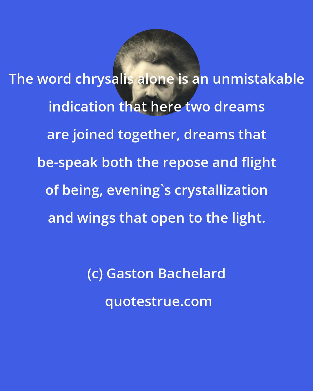 Gaston Bachelard: The word chrysalis alone is an unmistakable indication that here two dreams are joined together, dreams that be-speak both the repose and flight of being, evening's crystallization and wings that open to the light.