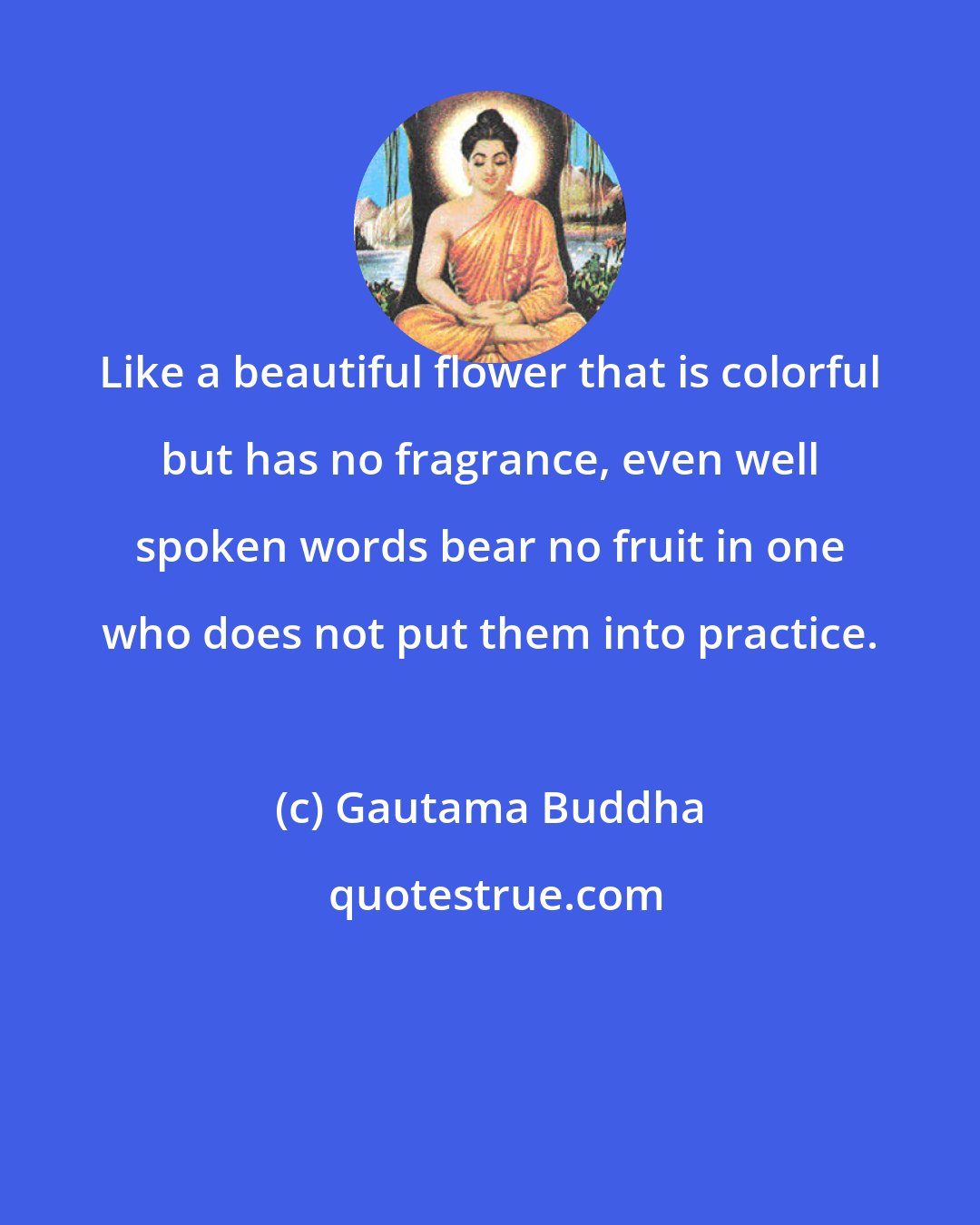 Gautama Buddha: Like a beautiful flower that is colorful but has no fragrance, even well spoken words bear no fruit in one who does not put them into practice.