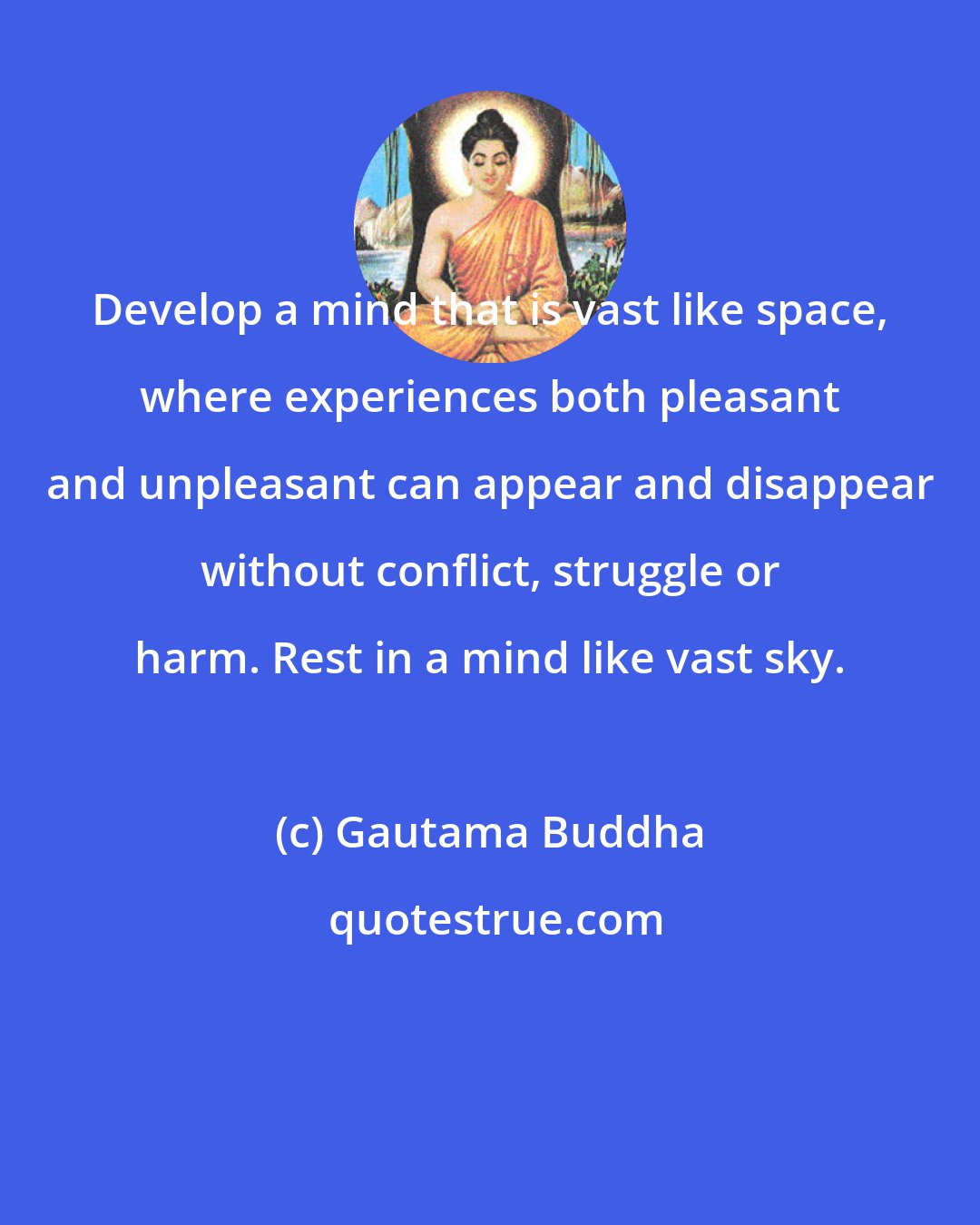 Gautama Buddha: Develop a mind that is vast like space, where experiences both pleasant and unpleasant can appear and disappear without conflict, struggle or harm. Rest in a mind like vast sky.