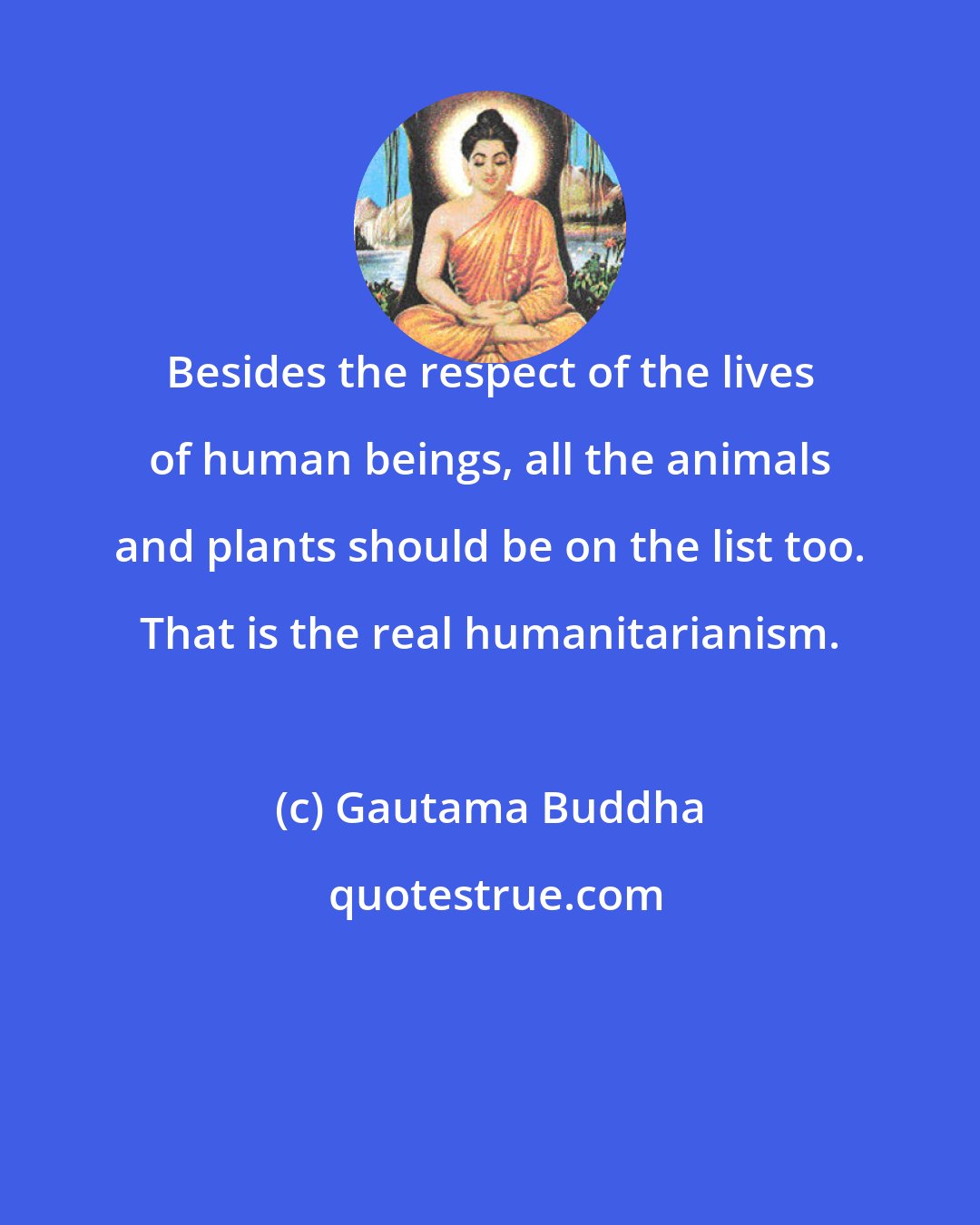 Gautama Buddha: Besides the respect of the lives of human beings, all the animals and plants should be on the list too. That is the real humanitarianism.
