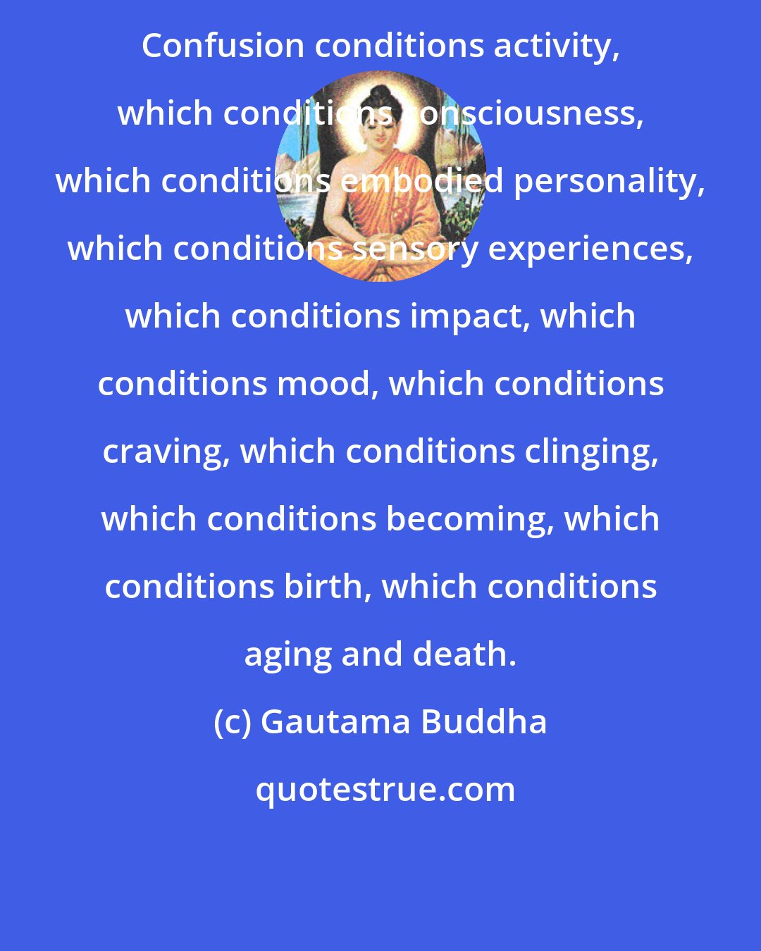 Gautama Buddha: Confusion conditions activity, which conditions consciousness, which conditions embodied personality, which conditions sensory experiences, which conditions impact, which conditions mood, which conditions craving, which conditions clinging, which conditions becoming, which conditions birth, which conditions aging and death.