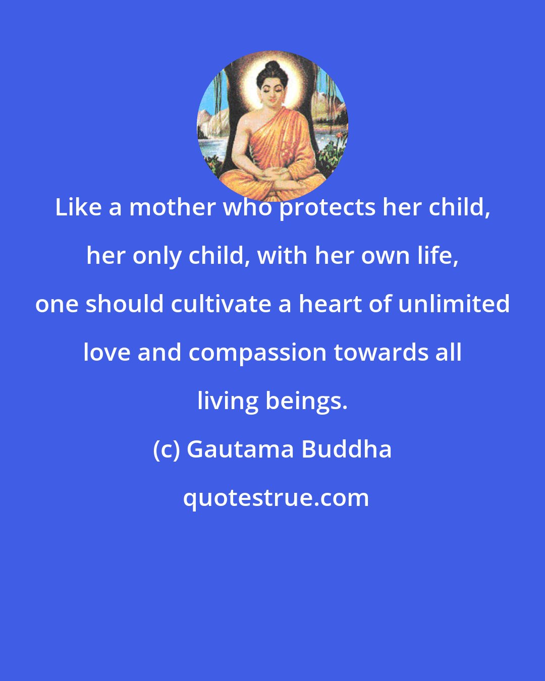 Gautama Buddha: Like a mother who protects her child, her only child, with her own life, one should cultivate a heart of unlimited love and compassion towards all living beings.