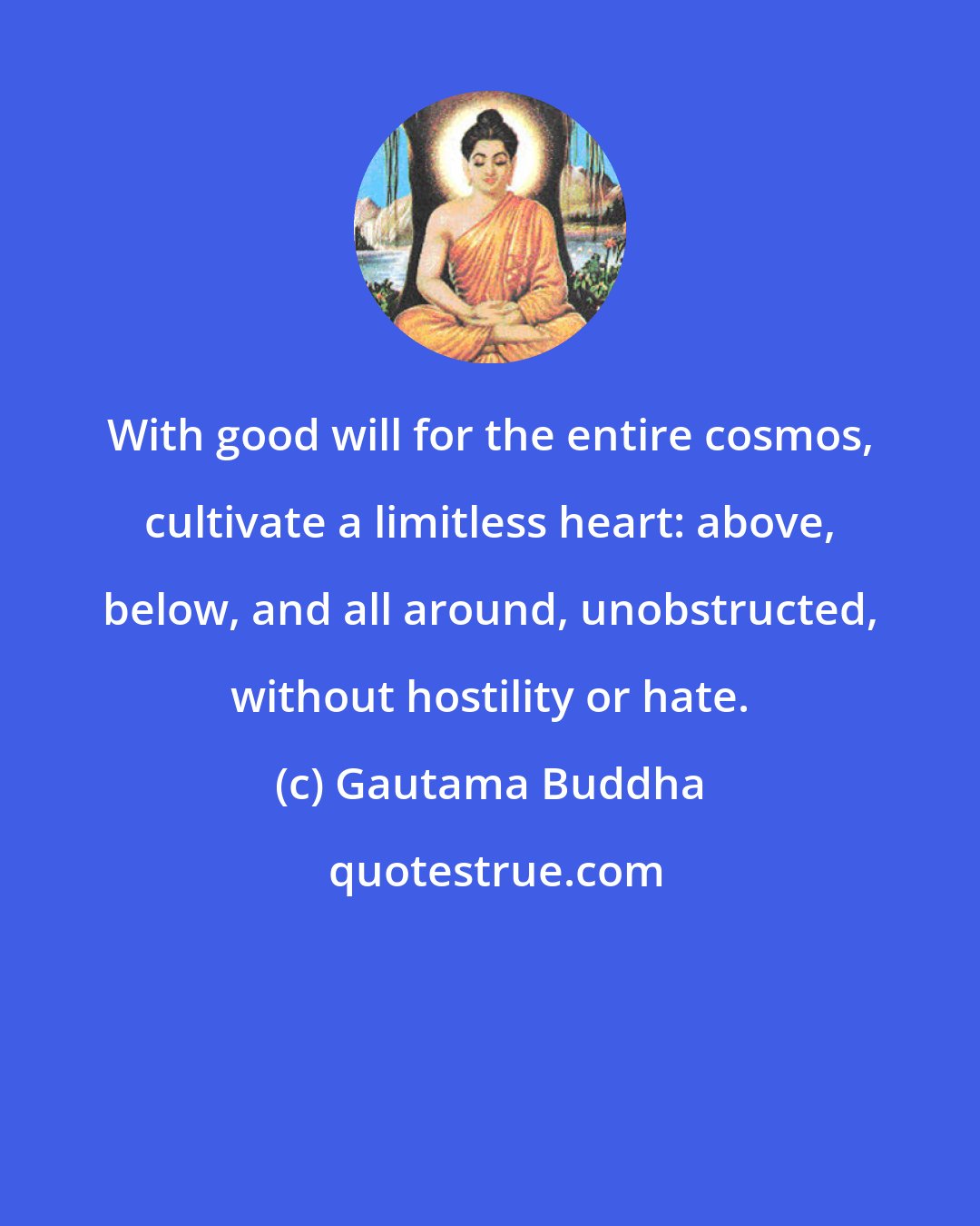 Gautama Buddha: With good will for the entire cosmos, cultivate a limitless heart: above, below, and all around, unobstructed, without hostility or hate.