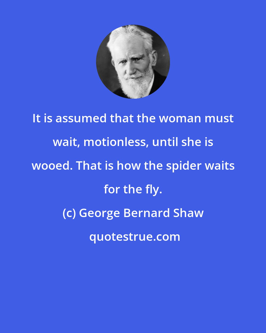 George Bernard Shaw: It is assumed that the woman must wait, motionless, until she is wooed. That is how the spider waits for the fly.