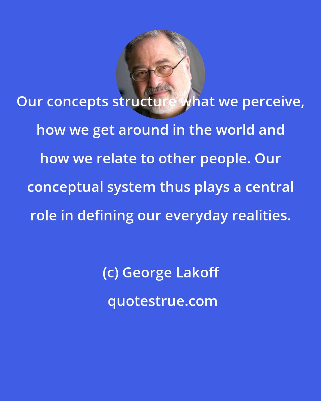 George Lakoff: Our concepts structure what we perceive, how we get around in the world and how we relate to other people. Our conceptual system thus plays a central role in defining our everyday realities.