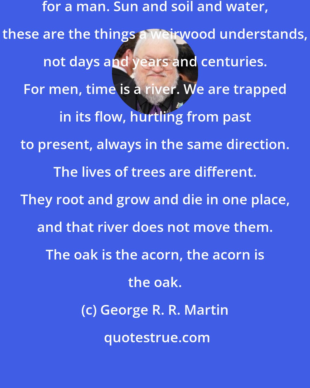 George R. R. Martin: Time is different for a tree than for a man. Sun and soil and water, these are the things a weirwood understands, not days and years and centuries. For men, time is a river. We are trapped in its flow, hurtling from past to present, always in the same direction. The lives of trees are different. They root and grow and die in one place, and that river does not move them. The oak is the acorn, the acorn is the oak.