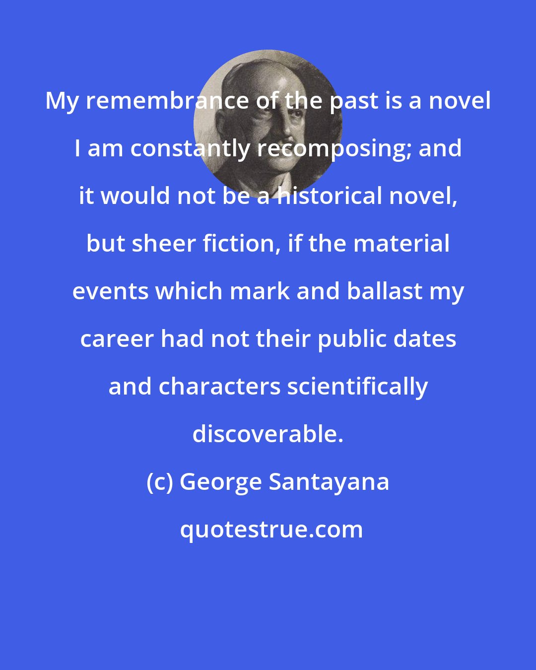 George Santayana: My remembrance of the past is a novel I am constantly recomposing; and it would not be a historical novel, but sheer fiction, if the material events which mark and ballast my career had not their public dates and characters scientifically discoverable.