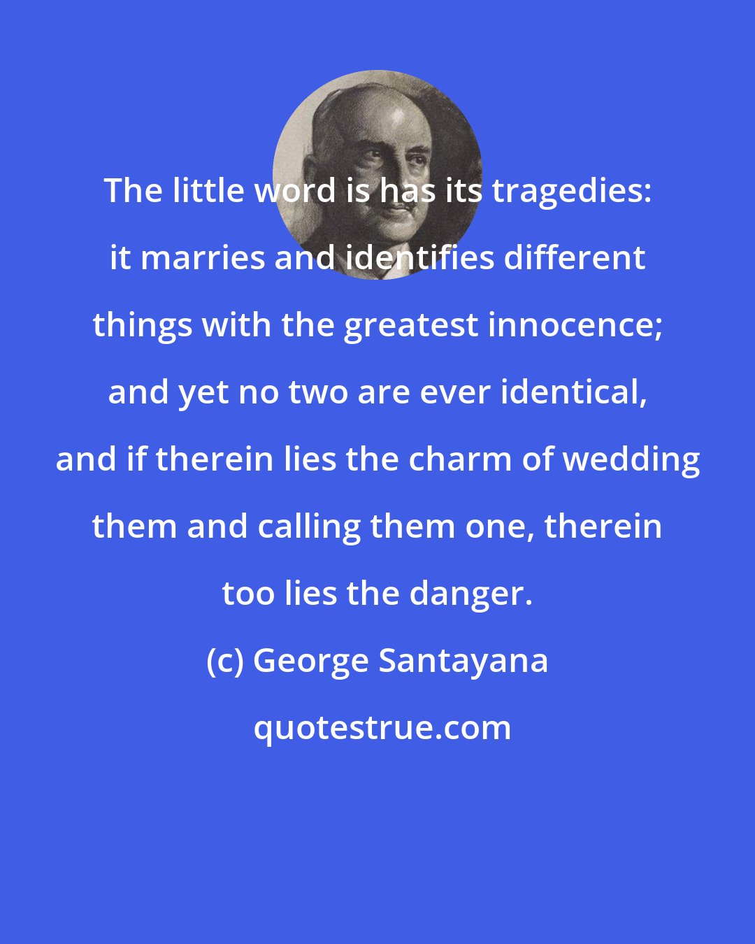 George Santayana: The little word is has its tragedies: it marries and identifies different things with the greatest innocence; and yet no two are ever identical, and if therein lies the charm of wedding them and calling them one, therein too lies the danger.