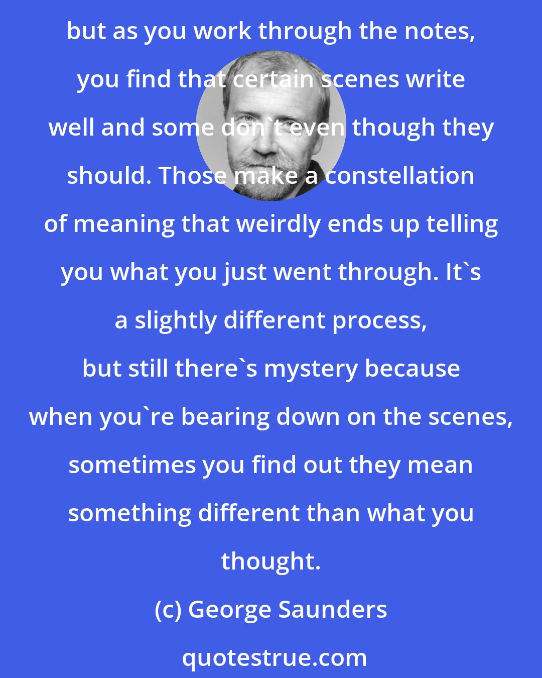 George Saunders: All I really know in nonfiction is that when I come home, I've got all these notes and I'm trying to figure out what actually happened to me. I usually kind of know what happened, but as you work through the notes, you find that certain scenes write well and some don't even though they should. Those make a constellation of meaning that weirdly ends up telling you what you just went through. It's a slightly different process, but still there's mystery because when you're bearing down on the scenes, sometimes you find out they mean something different than what you thought.