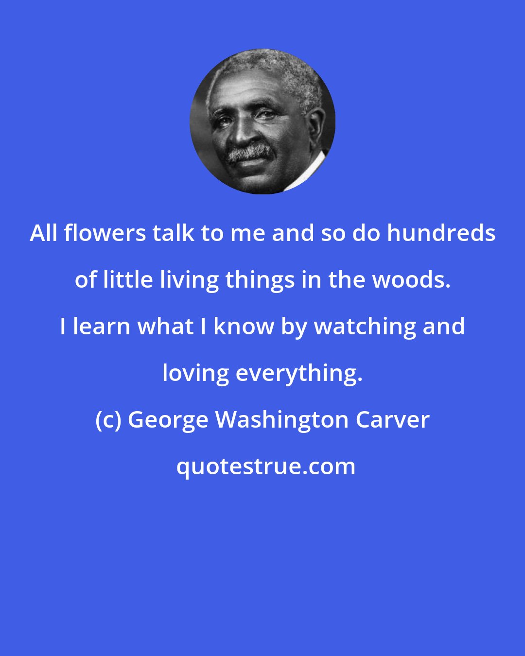 George Washington Carver: All flowers talk to me and so do hundreds of little living things in the woods. I learn what I know by watching and loving everything.