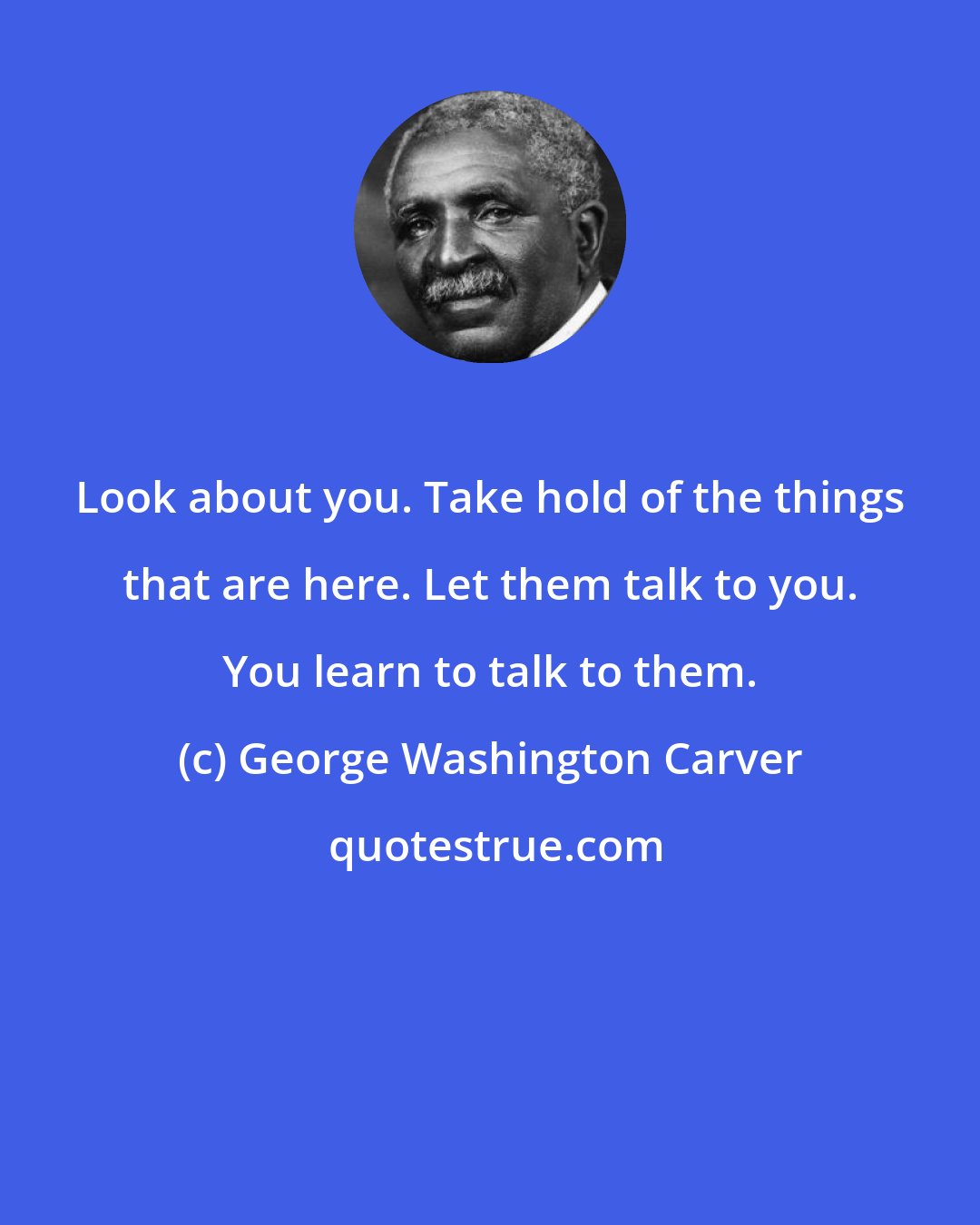 George Washington Carver: Look about you. Take hold of the things that are here. Let them talk to you. You learn to talk to them.