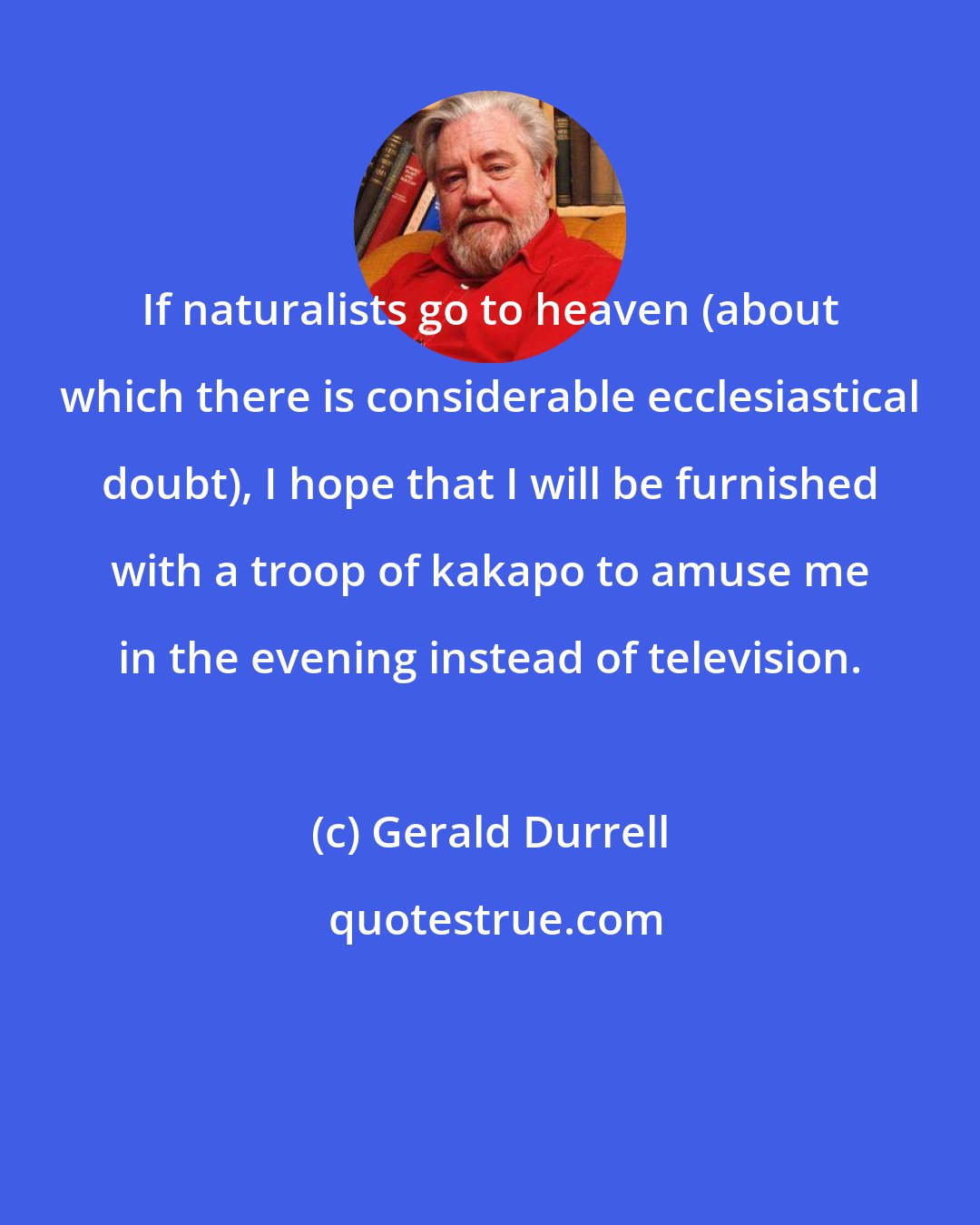 Gerald Durrell: If naturalists go to heaven (about which there is considerable ecclesiastical doubt), I hope that I will be furnished with a troop of kakapo to amuse me in the evening instead of television.