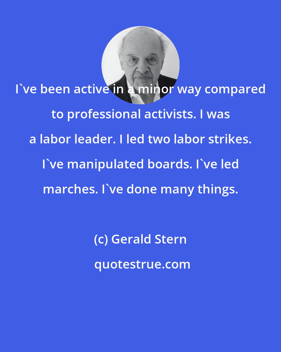 Gerald Stern: I've been active in a minor way compared to professional activists. I was a labor leader. I led two labor strikes. I've manipulated boards. I've led marches. I've done many things.