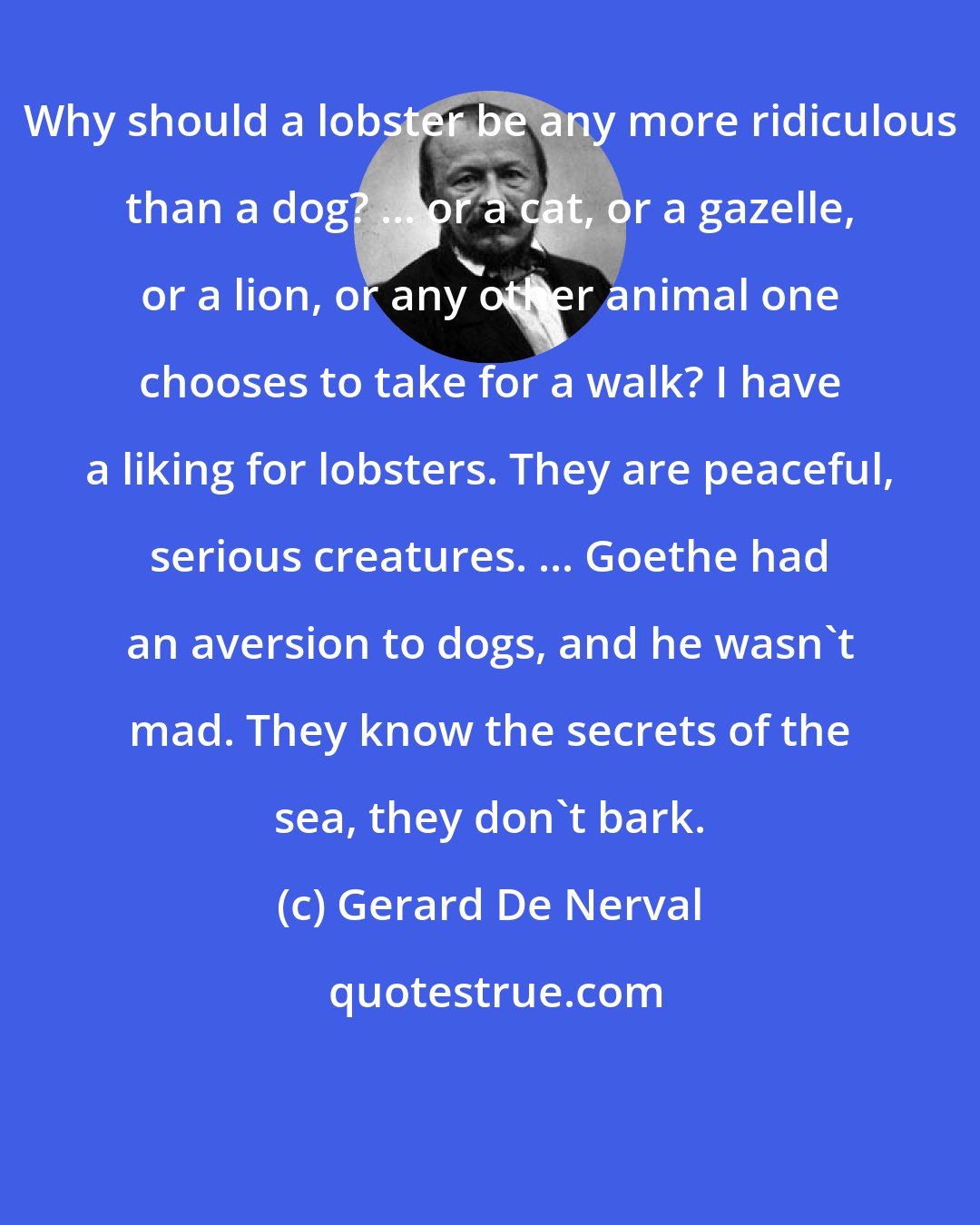 Gerard De Nerval: Why should a lobster be any more ridiculous than a dog? ... or a cat, or a gazelle, or a lion, or any other animal one chooses to take for a walk? I have a liking for lobsters. They are peaceful, serious creatures. ... Goethe had an aversion to dogs, and he wasn't mad. They know the secrets of the sea, they don't bark.