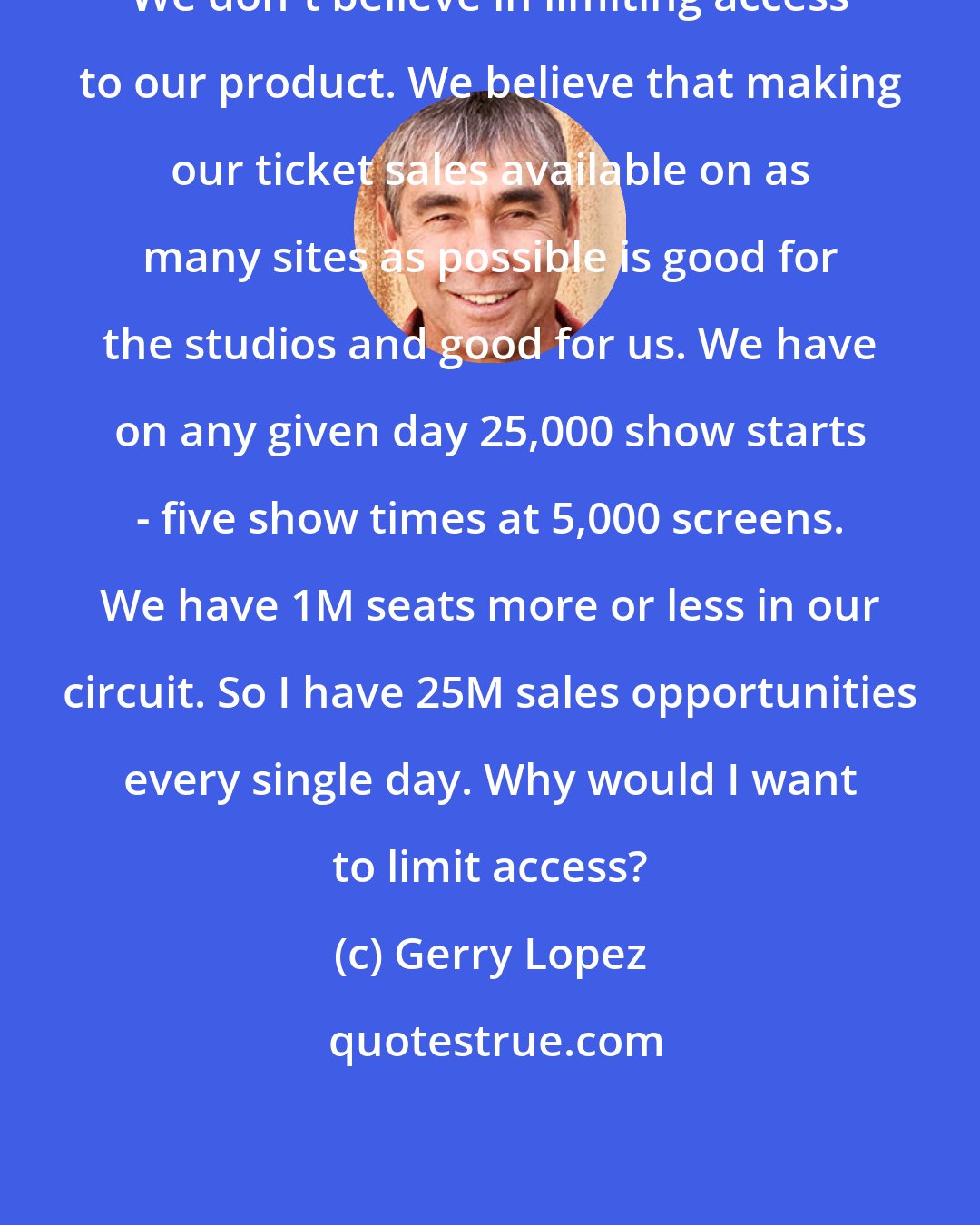 Gerry Lopez: We don't believe in limiting access to our product. We believe that making our ticket sales available on as many sites as possible is good for the studios and good for us. We have on any given day 25,000 show starts - five show times at 5,000 screens. We have 1M seats more or less in our circuit. So I have 25M sales opportunities every single day. Why would I want to limit access?