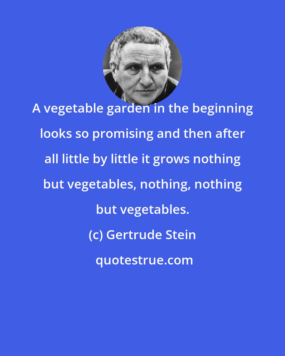 Gertrude Stein: A vegetable garden in the beginning looks so promising and then after all little by little it grows nothing but vegetables, nothing, nothing but vegetables.