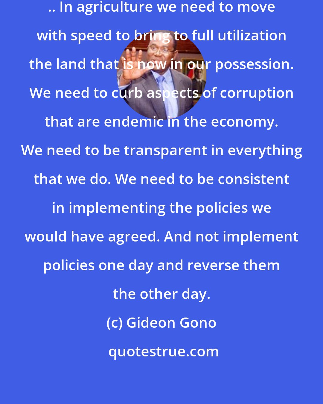 Gideon Gono: I cite a good example, say, of agriculture, .. In agriculture we need to move with speed to bring to full utilization the land that is now in our possession. We need to curb aspects of corruption that are endemic in the economy. We need to be transparent in everything that we do. We need to be consistent in implementing the policies we would have agreed. And not implement policies one day and reverse them the other day.