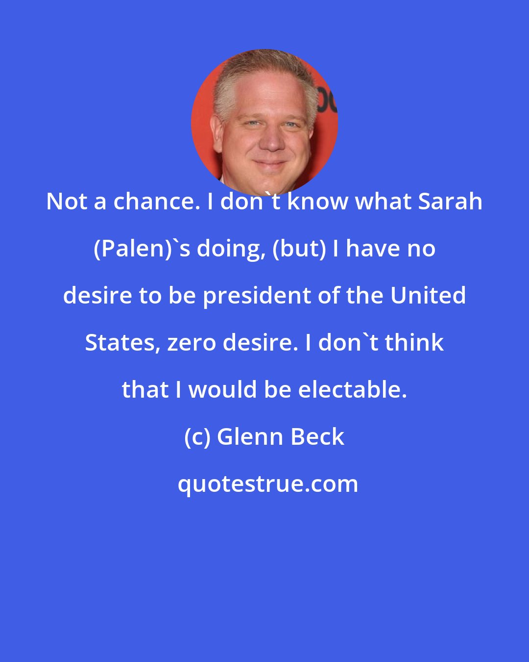 Glenn Beck: Not a chance. I don't know what Sarah (Palen)'s doing, (but) I have no desire to be president of the United States, zero desire. I don't think that I would be electable.