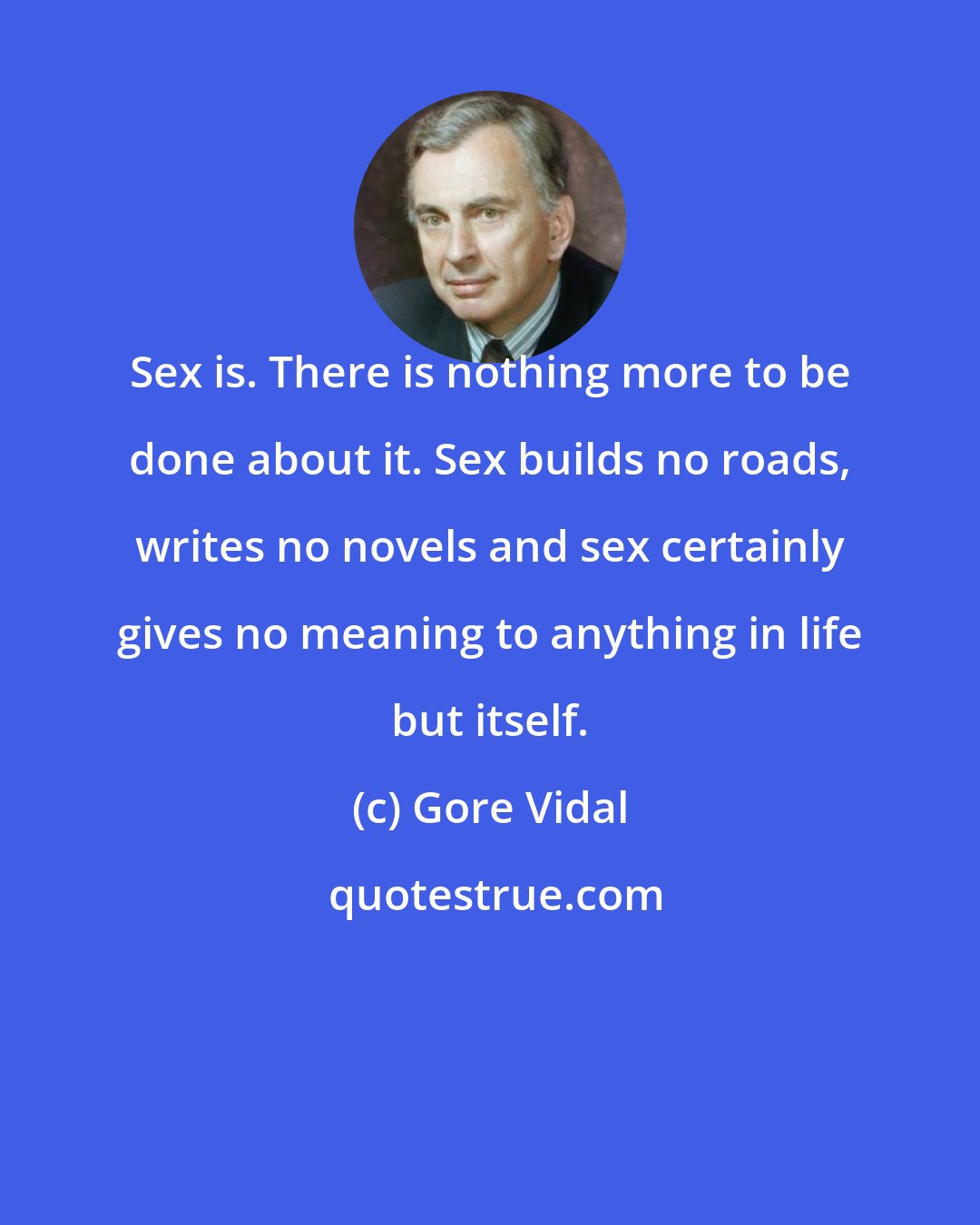 Gore Vidal: Sex is. There is nothing more to be done about it. Sex builds no roads, writes no novels and sex certainly gives no meaning to anything in life but itself.