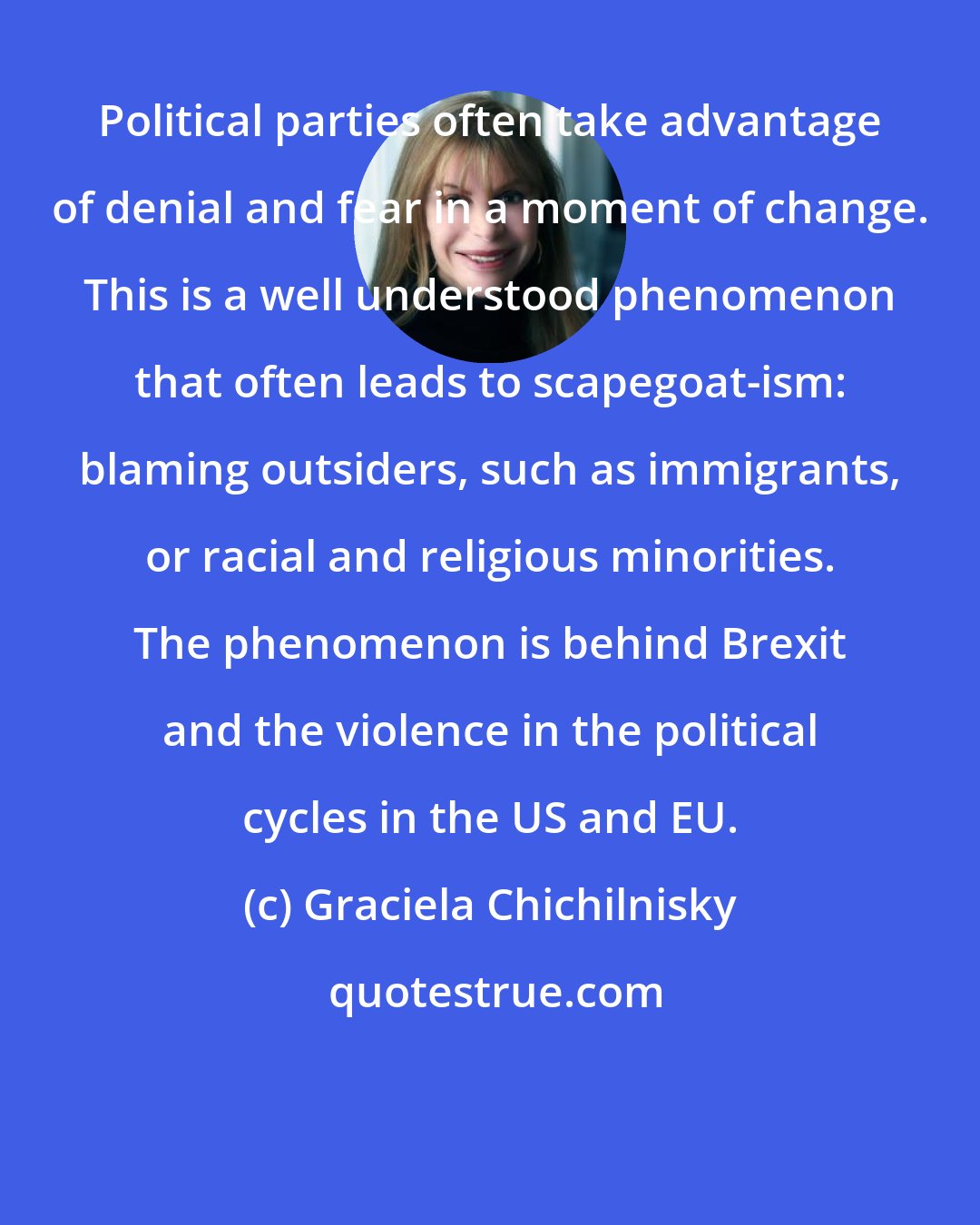 Graciela Chichilnisky: Political parties often take advantage of denial and fear in a moment of change. This is a well understood phenomenon that often leads to scapegoat-ism: blaming outsiders, such as immigrants, or racial and religious minorities. The phenomenon is behind Brexit and the violence in the political cycles in the US and EU.