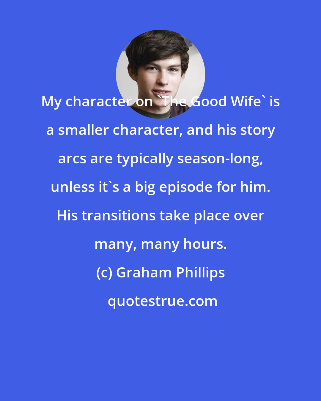 Graham Phillips: My character on 'The Good Wife' is a smaller character, and his story arcs are typically season-long, unless it's a big episode for him. His transitions take place over many, many hours.