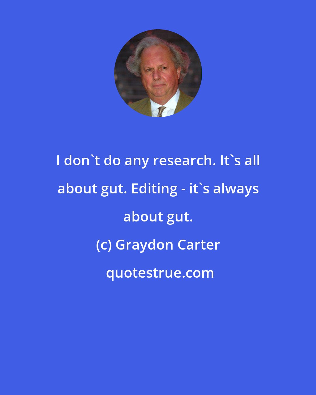 Graydon Carter: I don't do any research. It's all about gut. Editing - it's always about gut.