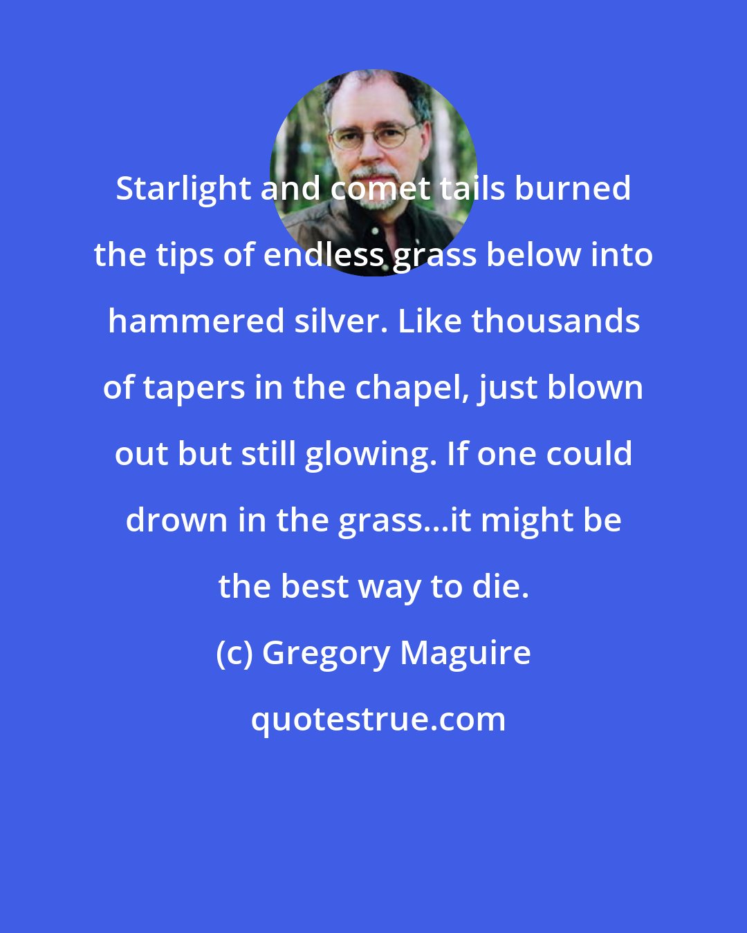 Gregory Maguire: Starlight and comet tails burned the tips of endless grass below into hammered silver. Like thousands of tapers in the chapel, just blown out but still glowing. If one could drown in the grass...it might be the best way to die.