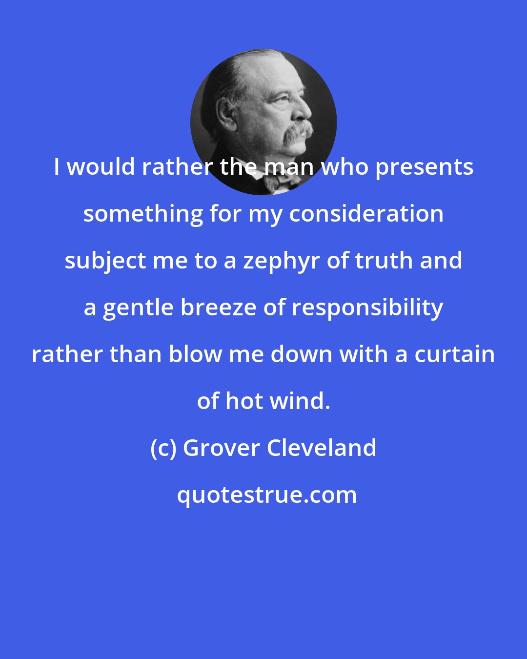 Grover Cleveland: I would rather the man who presents something for my consideration subject me to a zephyr of truth and a gentle breeze of responsibility rather than blow me down with a curtain of hot wind.