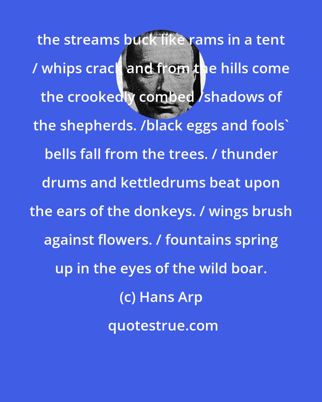 Hans Arp: the streams buck like rams in a tent / whips crack and from the hills come the crookedly combed /shadows of the shepherds. /black eggs and fools' bells fall from the trees. / thunder drums and kettledrums beat upon the ears of the donkeys. / wings brush against flowers. / fountains spring up in the eyes of the wild boar.