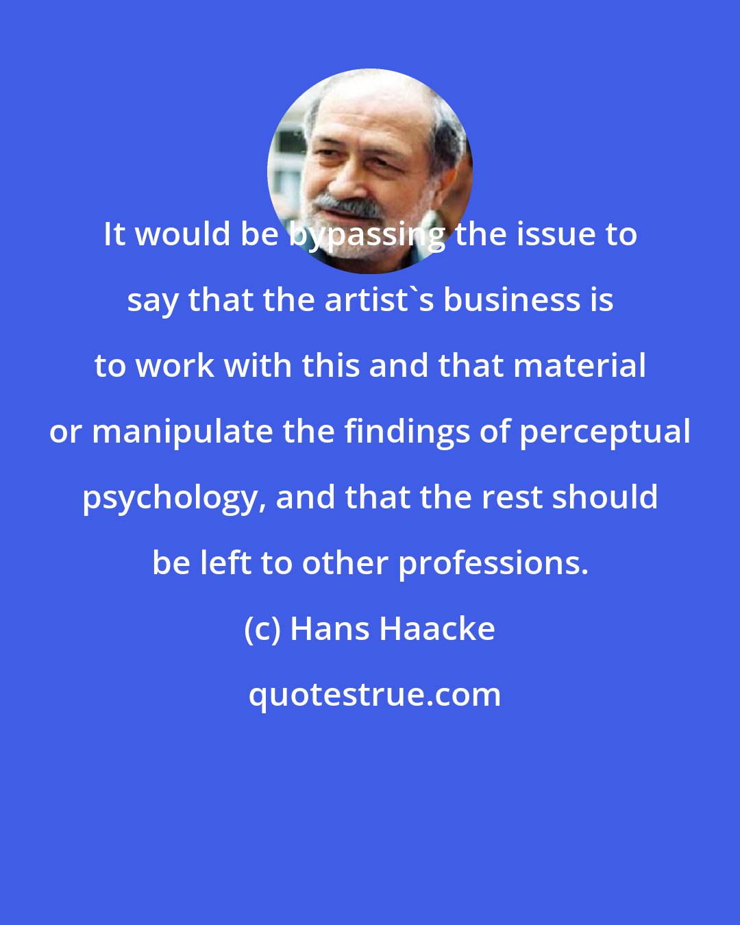 Hans Haacke: It would be bypassing the issue to say that the artist's business is to work with this and that material or manipulate the findings of perceptual psychology, and that the rest should be left to other professions.