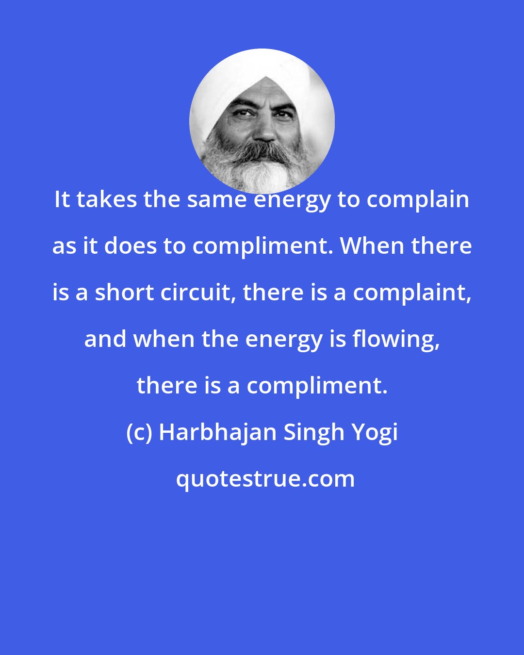 Harbhajan Singh Yogi: It takes the same energy to complain as it does to compliment. When there is a short circuit, there is a complaint, and when the energy is flowing, there is a compliment.