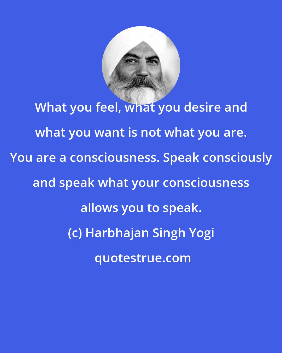 Harbhajan Singh Yogi: What you feel, what you desire and what you want is not what you are. You are a consciousness. Speak consciously and speak what your consciousness allows you to speak.