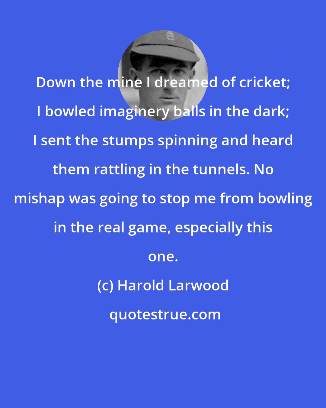 Harold Larwood: Down the mine I dreamed of cricket; I bowled imaginery balls in the dark; I sent the stumps spinning and heard them rattling in the tunnels. No mishap was going to stop me from bowling in the real game, especially this one.