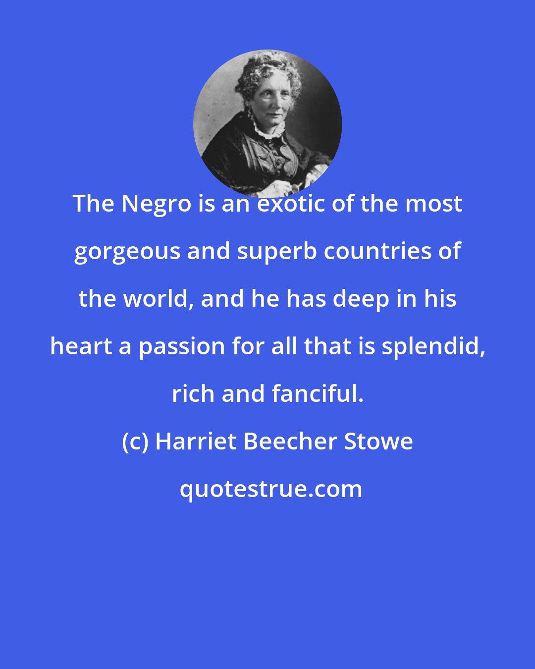 Harriet Beecher Stowe: The Negro is an exotic of the most gorgeous and superb countries of the world, and he has deep in his heart a passion for all that is splendid, rich and fanciful.