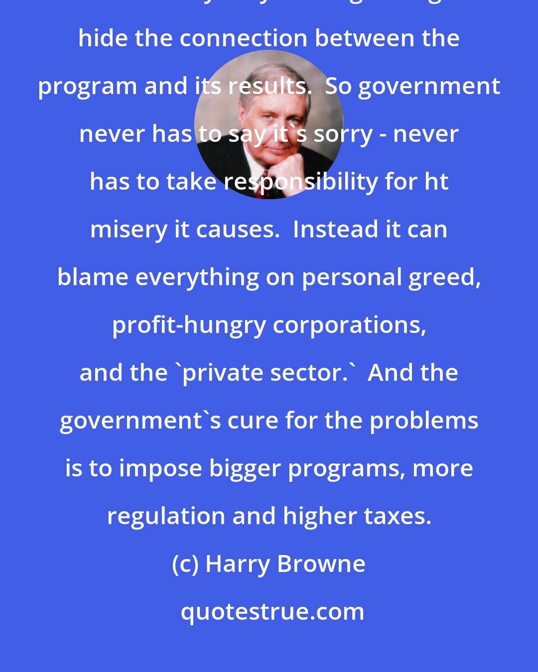 Harry Browne: The bad consequences of a government program usually don't show up immediately.  And the delay may be long enough to hide the connection between the program and its results.  So government never has to say it's sorry - never has to take responsibility for ht misery it causes.  Instead it can blame everything on personal greed, profit-hungry corporations, and the 'private sector.'  And the government's cure for the problems is to impose bigger programs, more regulation and higher taxes.