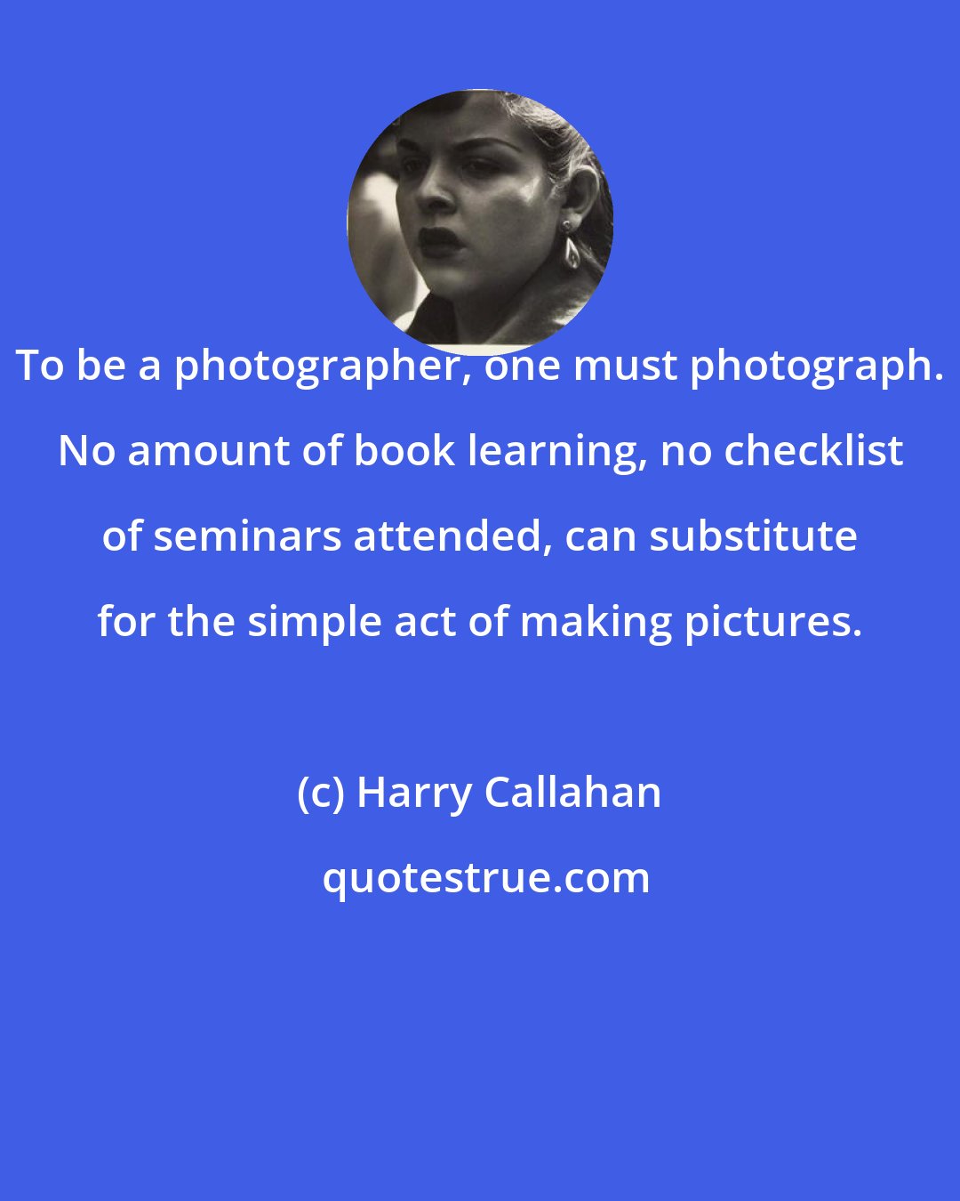 Harry Callahan: To be a photographer, one must photograph. No amount of book learning, no checklist of seminars attended, can substitute for the simple act of making pictures.