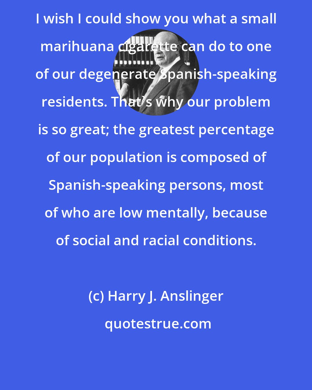 Harry J. Anslinger: I wish I could show you what a small marihuana cigarette can do to one of our degenerate Spanish-speaking residents. That's why our problem is so great; the greatest percentage of our population is composed of Spanish-speaking persons, most of who are low mentally, because of social and racial conditions.