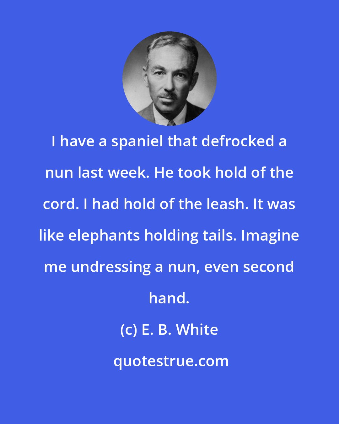 E. B. White: I have a spaniel that defrocked a nun last week. He took hold of the cord. I had hold of the leash. It was like elephants holding tails. Imagine me undressing a nun, even second hand.