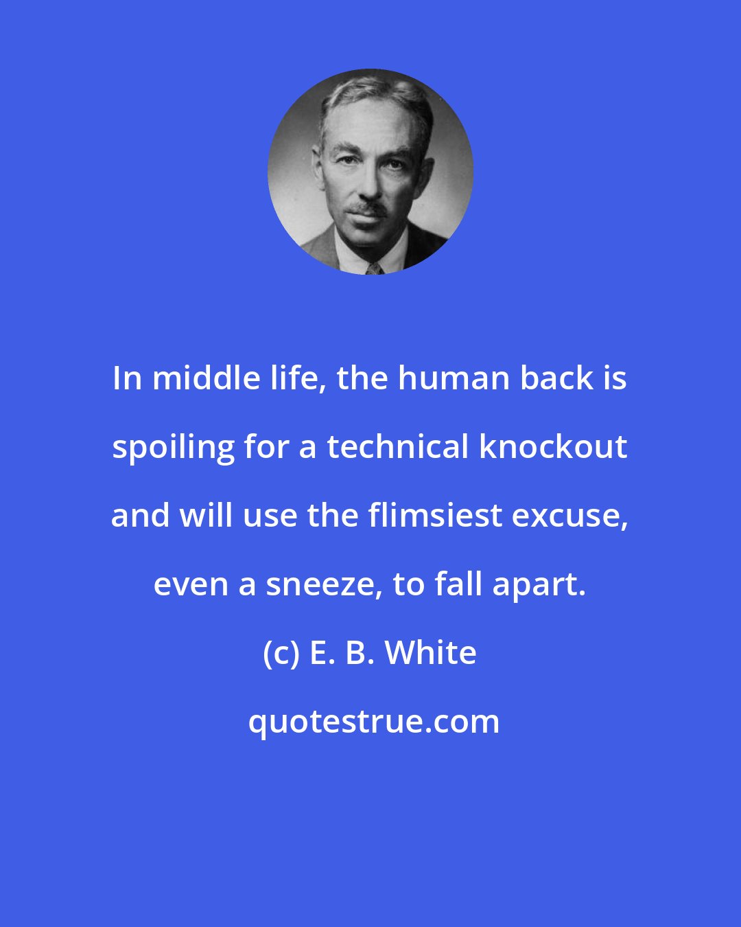 E. B. White: In middle life, the human back is spoiling for a technical knockout and will use the flimsiest excuse, even a sneeze, to fall apart.