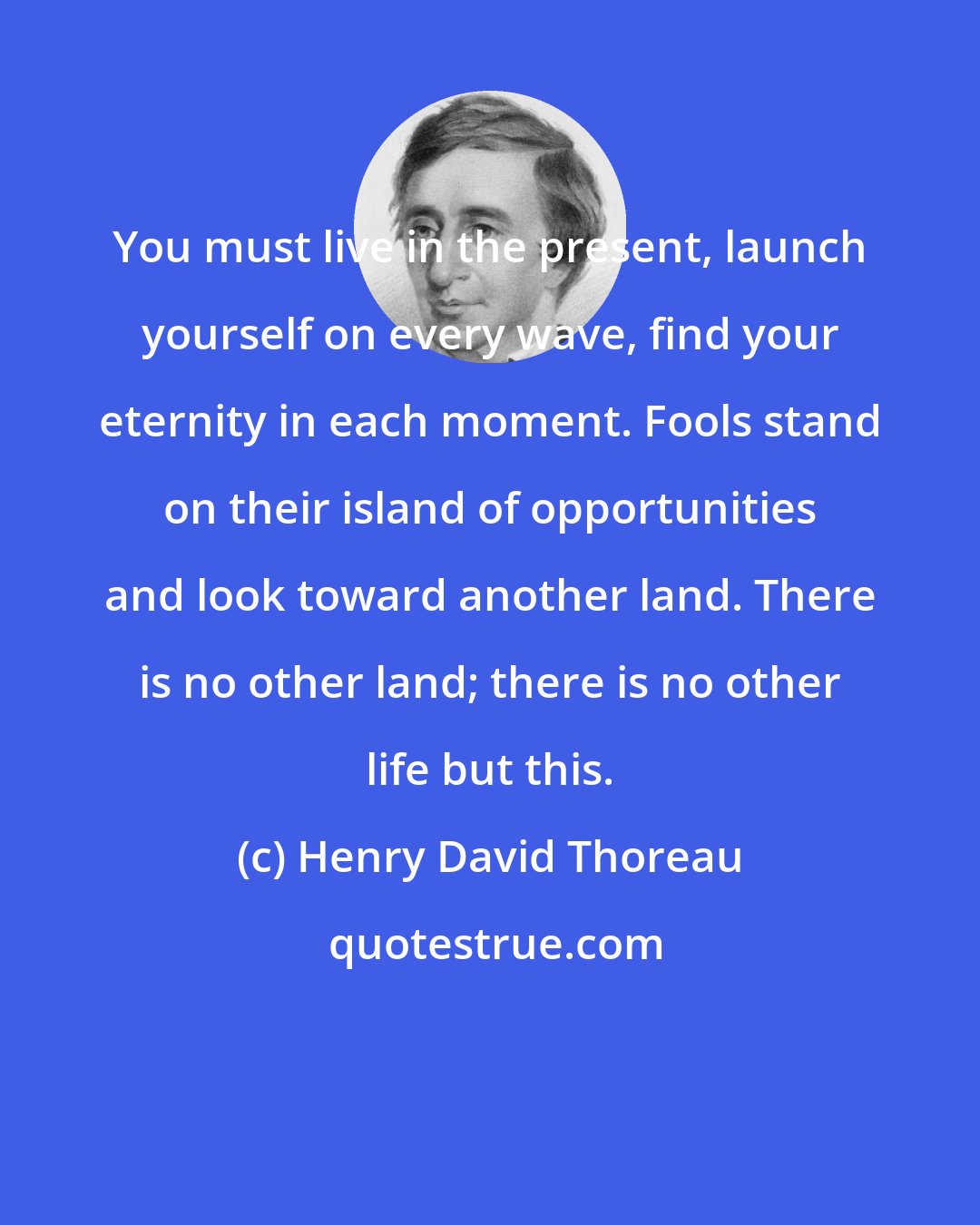 Henry David Thoreau: You must live in the present, launch yourself on every wave, find your eternity in each moment. Fools stand on their island of opportunities and look toward another land. There is no other land; there is no other life but this.
